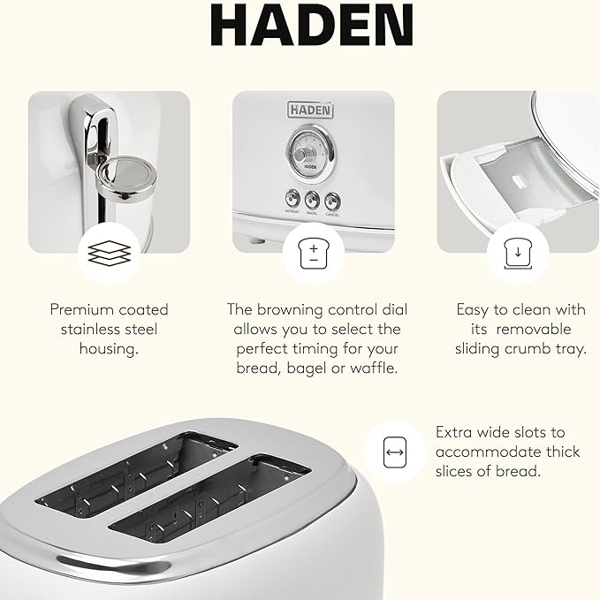 Haden Dorset 2 Slice Extra Wide Slot Toaster with Cool Touch Exterior Removable Crumb Tray and 6 Variable Browning Control Ivory