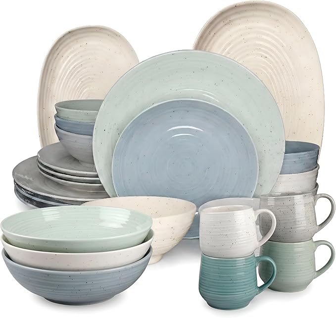 Sango Siterra Artist's Blend 26-Piece Stoneware Dinnerware Set for 4 Ceramic Plates and Bowls Sets with Mugs and Platters Perfect for Everyday Dining