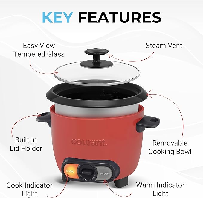 Courant Rice Cooker 6-Cup (Cooked) Removable Non-Stick Bowl One Touch Rice Cooker Red