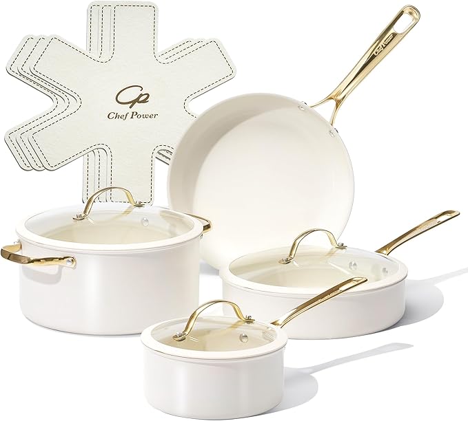 Chef Power Ceramic Cookware Sets 10Pcs Pots and Pans Set Non Stick Cookware Set with Stainless Steel Handle Dishwasher &amp Oven Safe Cream White and Light Gold Handle