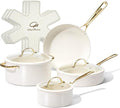 Chef Power Ceramic Cookware Sets 10Pcs Pots and Pans Set Non Stick Cookware Set with Stainless Steel Handle Dishwasher &amp Oven Safe Cream White and Light Gold Handle