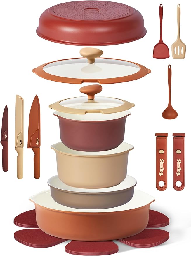 CAROTE 22 Pcs Ceramic Cookware Set Detachable Handle Non Toxic Pots and Pans Set Non Stick Induction Kitchen Cookware Removable Handles Oven Safe Stackable RV/Camping Cooking Set Multi-Color