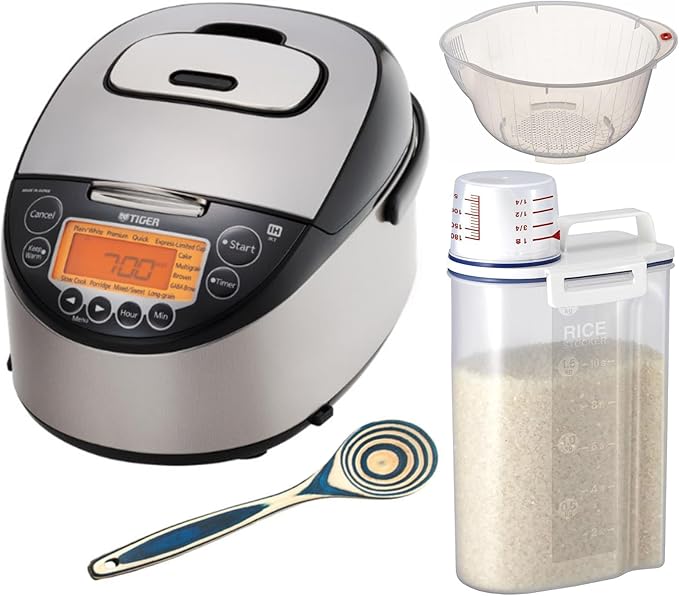 Tiger JKT-D10U Rice Cooker Bundle with Bamboo Spoon Rice Washing Bowl with Side and Bottom Drainers and Rice Container Bin (4 Items)