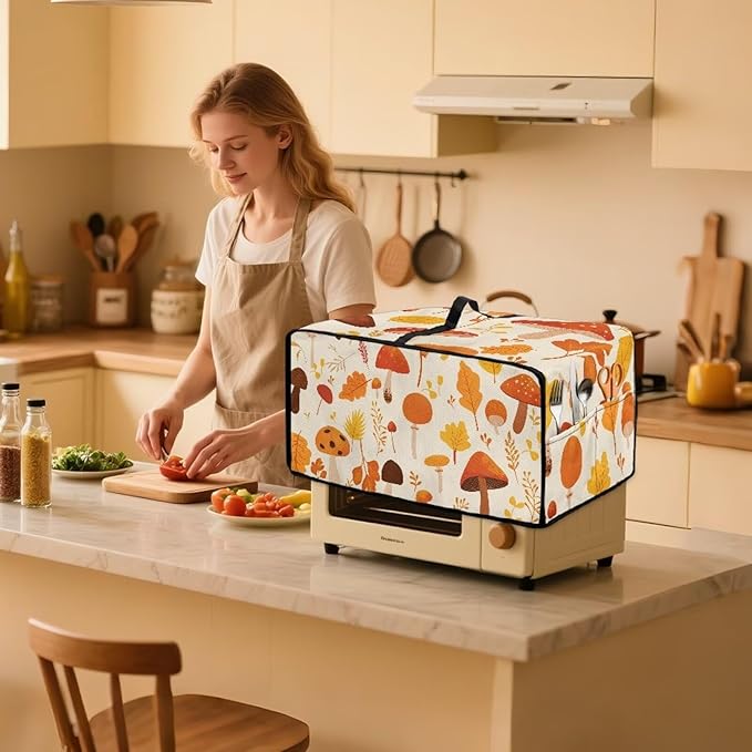 Fallen Leaves Mushroom Toaster Oven Cover Waterproof Air Fryer Compatible for Air Fryer/French Door 360 Air Fryer Toaster Oven Combo With Organizing Side Pockets