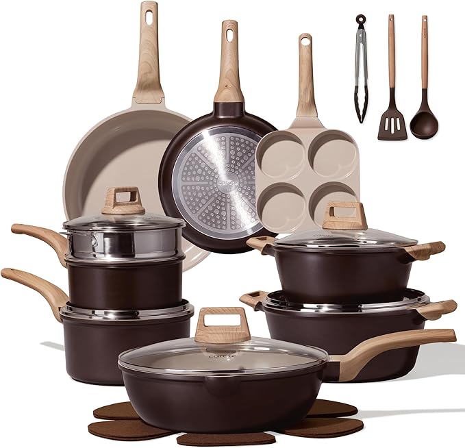 CAROTE 21 PCS Ceramic Cookware Set Pots and Pans Set Non Stick Pot and Pan Set with Frying Pan Induction Ready Cooking Set for Kitchen PFOS/PFOA/PFAS Free Brown