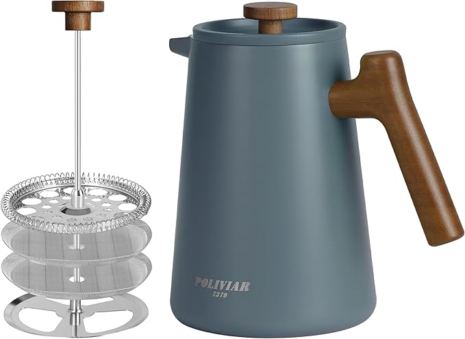 POLIVIAR French Press Coffee Maker 34 oz Coffee Press with Real Wood Handle Double Wall Insulation &amp Dual-Filter Screen Food Grade Stainless Steel for Good Coffe and Tea JX2025-XFPU