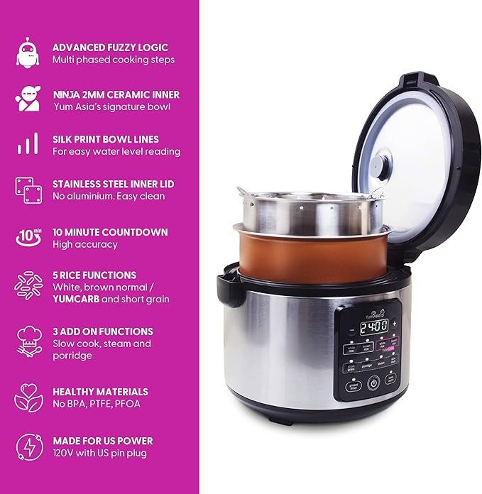 Yum Asia Kumo YumCarb Rice Cooker with Ceramic Bowl and Advanced Fuzzy Logic (5.5 Cups 1 Litre) 5 Rice Cooking Functions 3 Multicooker Functions 110V US Power (Light Stainless Steel)