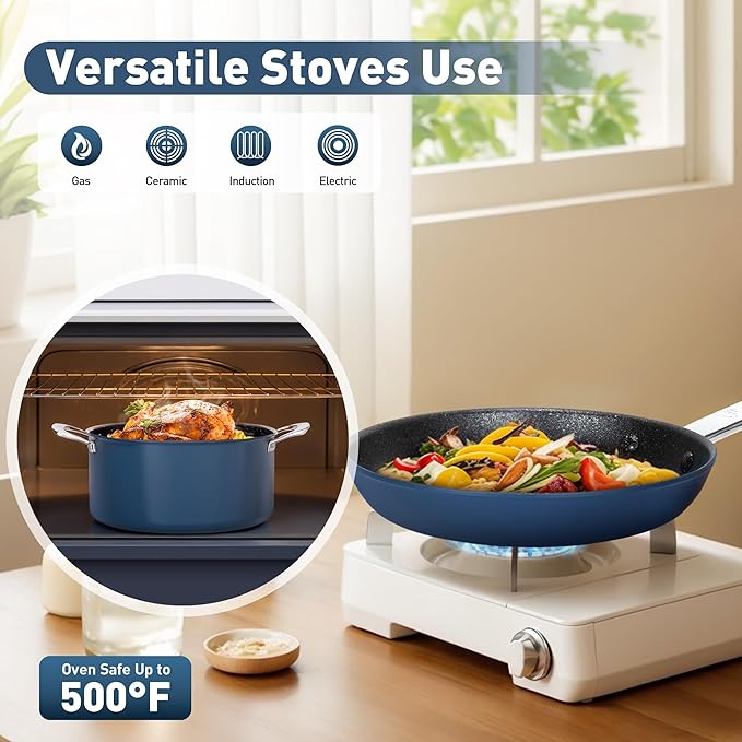 DishDelight Pots and Pans Set Nonstick Ceramic Kitchen Cookware Sets Nonstick Induction Cookware Cooking Pan Set with Frying Pans Saucepans Added Plasma Diamond Blue