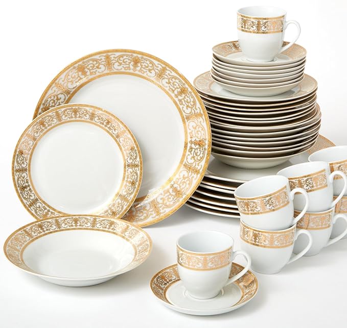 BrylaneHome 40 Piece Medici Porcelain Dinnerware Set (Service For 8) Includes Dinner &amp Dessert Plates Bowls Cups &amp Saucers Elegant Gold Rim Pattern - Gold White