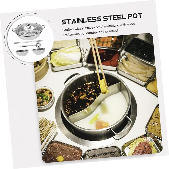 LIFKOME Stainless Steel Dual Flavor Hot Pot Divider Thickened 2-Compartment Cookware Set for Home Multi-Purpose Soup Pot for Family Gatherings and Restaurants