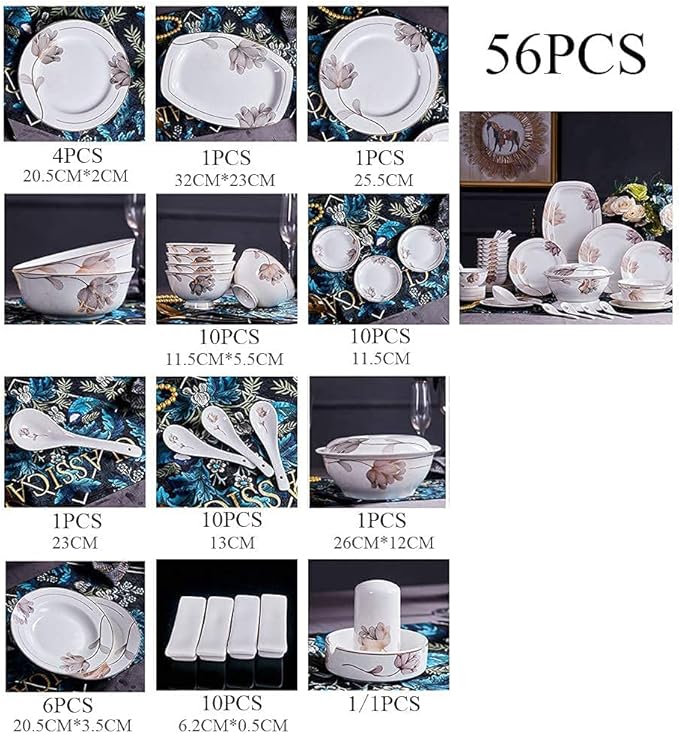 Porcelain Dinnerware Set Line Drawing Petal Decoration Bone China Tableware SetDishes/PlateCeramic DinnerFine China DinnerwareDishwasher Microwave SafeB56 Pieces Serve 10 People