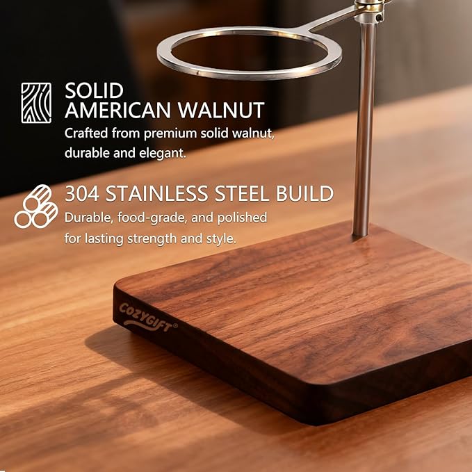 Solid North American Walnut Pour Over Coffee Stand - Adjustable Height Dripper Holder with 304 Stainless Steel Arm - Compatible with Hario V60 01 02 &amp Cone Brewers - Heavy Non-Slip Base (Stand Onl