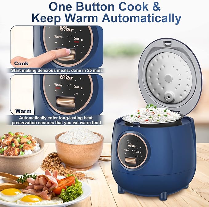 Bear Mini Rice Cooker 2 Cups Uncooked 1.2L Portable Non-Stick Small Travel Rice Cooker BPA Free One Button to Cook and Keep Warm Function Blue
