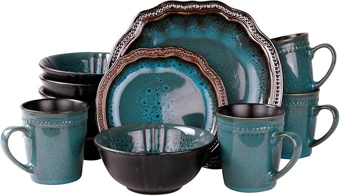 16-Piece Stoneware Dinnerware Set – Textured Rim Plates Matte-Finish Bowls &amp High-Gloss Mugs Dishwasher &amp Microwave Safe