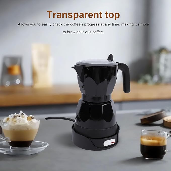 AUNMAS Coffee Pot 3 Cup Capacity Food Grade Aluminum Electric Expresso Coffee Machines with Heat Proof Plastic Lid for Home Office Travel (Black)