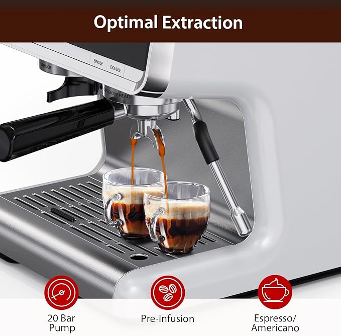 Stainless Steel Espresso Machine with Grinder &amp 20 Bar Pressure 2.8L Removable Water Tank Milk Frother Steam Wand for Latte/Cappuccino - Adjustable Shot Volume Professional Home/Office Use