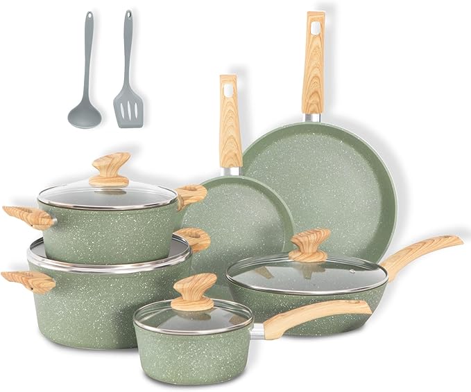 DishDelight Induction Pots and Pans Set Non Stick 12 Piece Nonstick Induction Granite Kitchen Cookware Sets Induction Cookware Nonstick Granite Cooking Set PFOA&ampPFOS Free Green