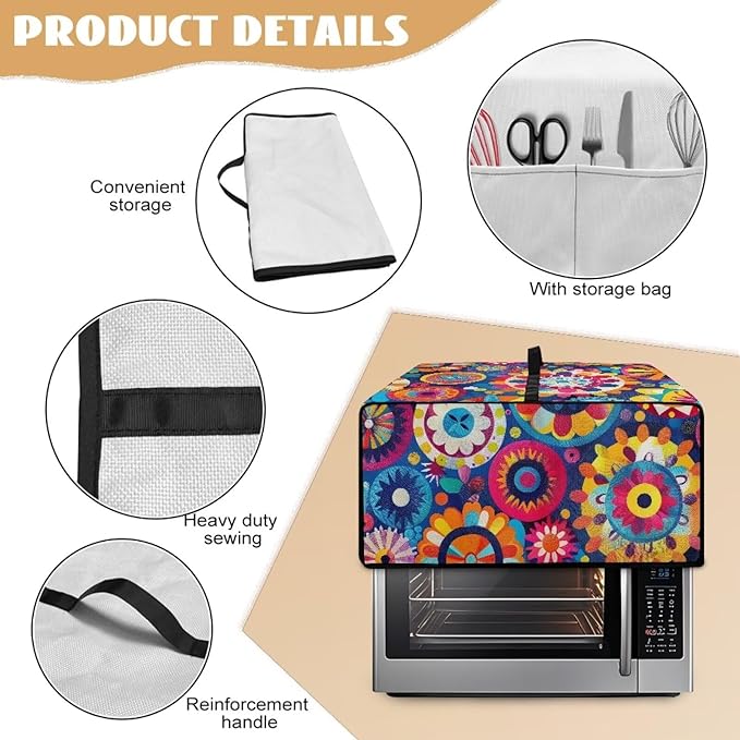 Boho Floral Toaster Oven Cover Heavy Duty Heat-resistant Waterproof Dust-Proof Protective Case with Side Pockets for Bake Air Fry Toaster Oven Easy Maintenance