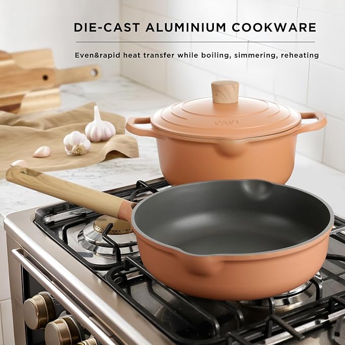 12Pcs Pots and Pans set Nonstick Cookware set Die-cast Aluminum cookware Kitchen Induction Pots and Pans cooking set Lid design PFOA-free Orange Pink (Pink)