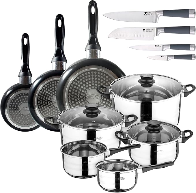 8-piece cookware: 2 pots diameter 16 and 18 pots diameter 20 x diameter 24 and 28 cm + 3-piece pan set 16-20-24 cm made of pressed aluminium + kitchen knife set