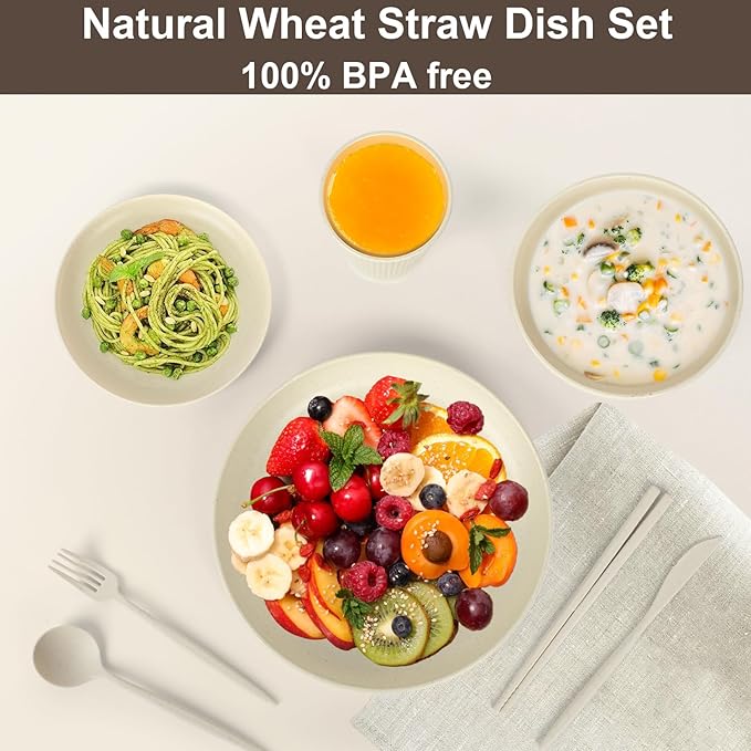 36PCS Wheat Straw Dinnerware Set for 4 Lightweight Reusable Unbreakable Dinner Set for Home Camping and Trave