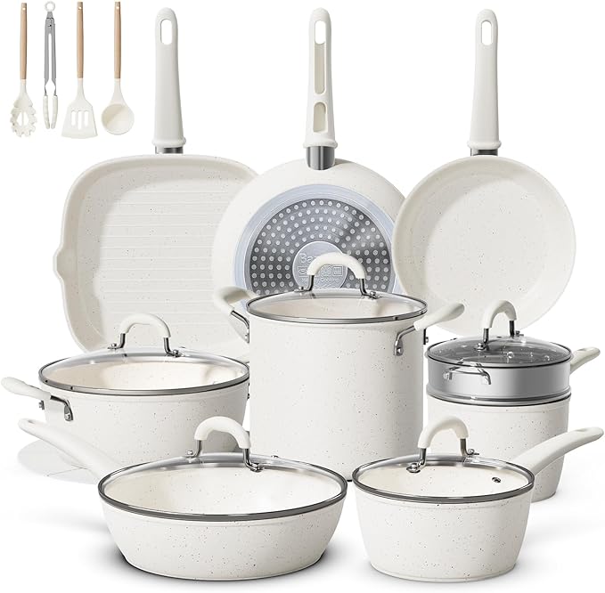 24Pcs Pots and Pans Set Non StickCeramic Cookware Set with 8Qt StockpotTitanium-Reinforced Long-Lasting NonstickPFAS-FreeInduction CompatibleComplete Kitchen Set for Batch Cooking &amp Family Me