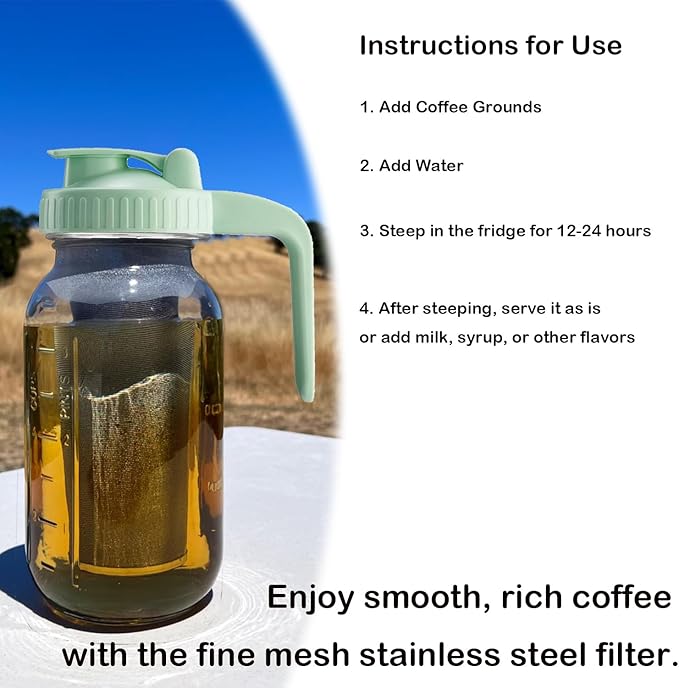 Fermus Set of 2 Cold Brew Coffee Maker 64oz / 2Quart Glass Pitcher with Stainless Steel Filter and Pour Spout Handle Lid Mason Jar for Making Cold Coffee Fruit Drinks Sun Tea (2)