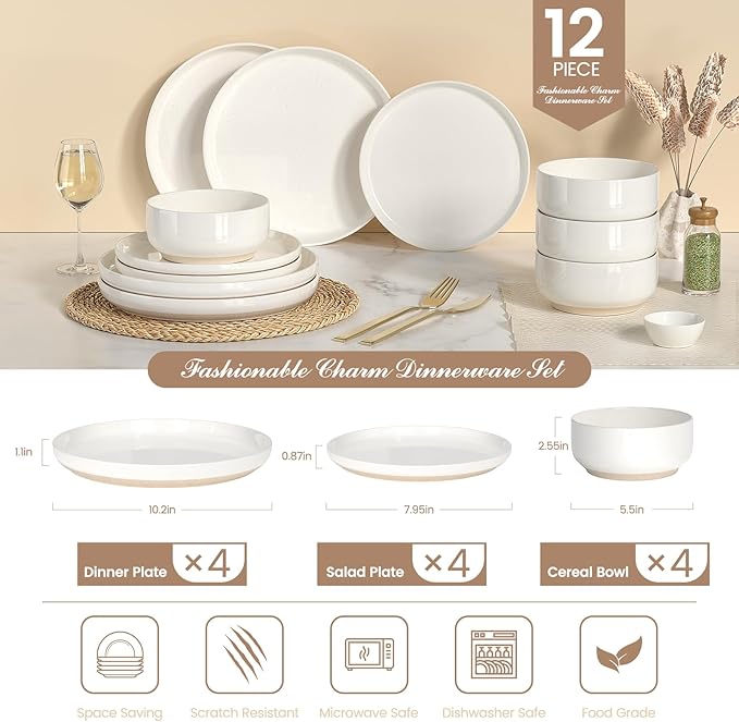 Plates and Bowls Sets Dinnerware Sets for 4 12 Pieces Scratch Resistant Dishware Dishes Set Ceramic Kitchen Dinner Set Porcelain &amp Microwave and Dishwasher Safe Cream White