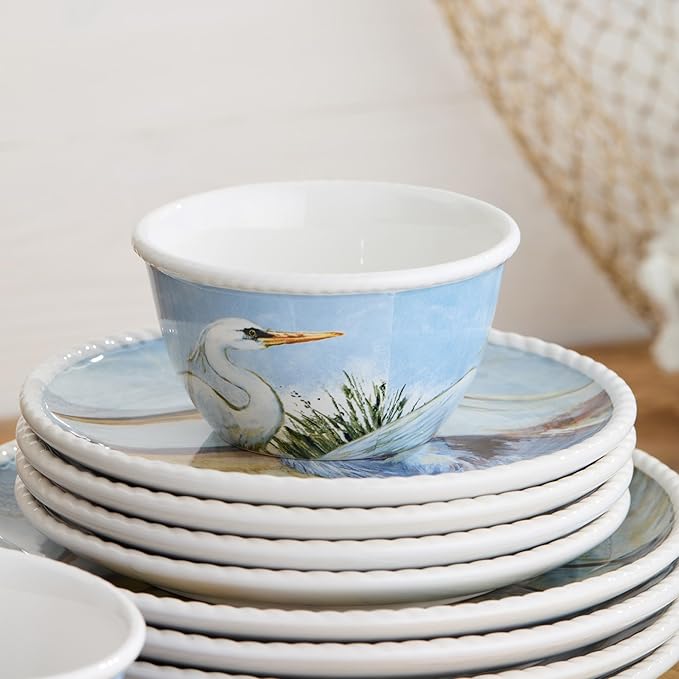 Coastal Birds 16-Piece DINNERWARE SET SERVICE for 4 Ceramic Dinner Salad Plates Mugs Bowls artist-designed Wetland Birds Blue Sky for Coastal Dining