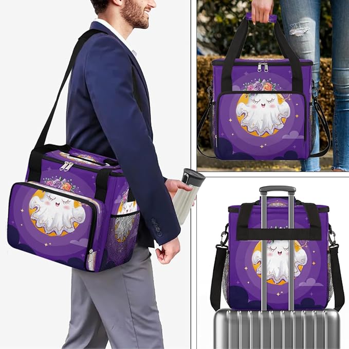 Halloween White Ghost Flower Coffee Maker Carring Bag Travel Carrying Storage Tote Bag Compatible with Keurig K-Mini or K-Mini Plus Portable Single Serve Coffee Brewer Case with Pockets