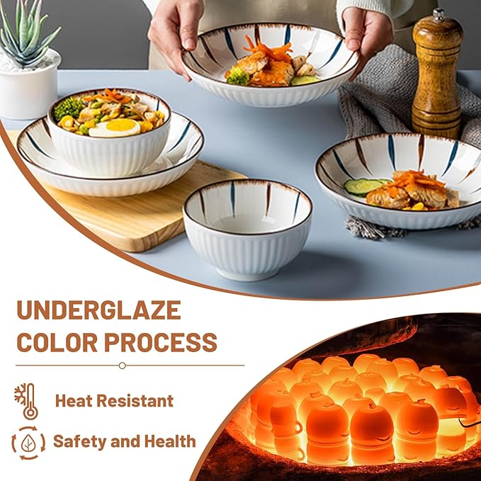 16 Pieces Dishware Sets Sophisticated Dinnerware Set for 4 Non-slip Bottom Plates and Bowls Dishes Sets High Temperature Firing Thick and Durability Safe and Healthy For Dessert Salad Soup Pasta