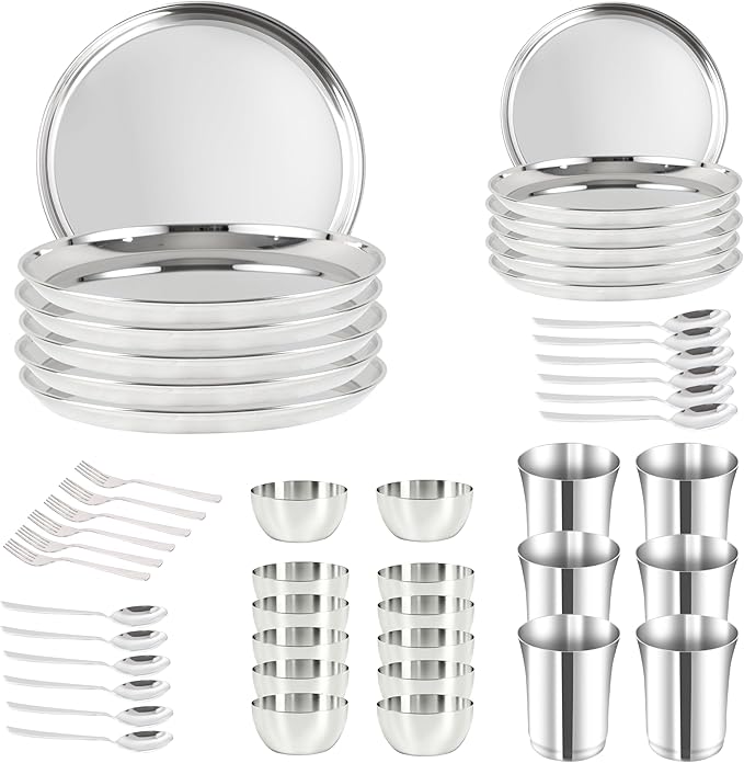 48 Pieces Dinner Set Stainless Steel Dinnerware Set Service for 6 (Full Plates Quarter Dishes Bowls Tumblers) Metal Reusable set for Home Kitchen Camping Dishwasher Safe