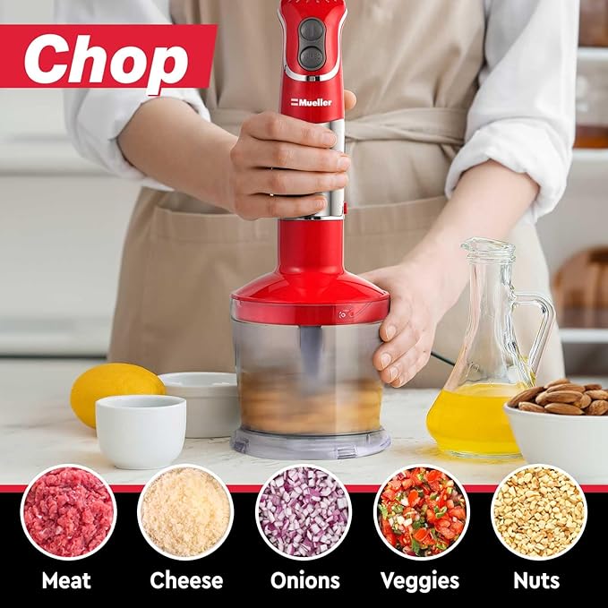 Mueller Multistick 800W 5-in-1 Immersion Blender Handheld 12 Speed Hand Mixer - Turbo Boost Heaviest Duty Copper Motor Titanium Blades Hand Blender Milk Frother Wand Red Kitchen Accessories