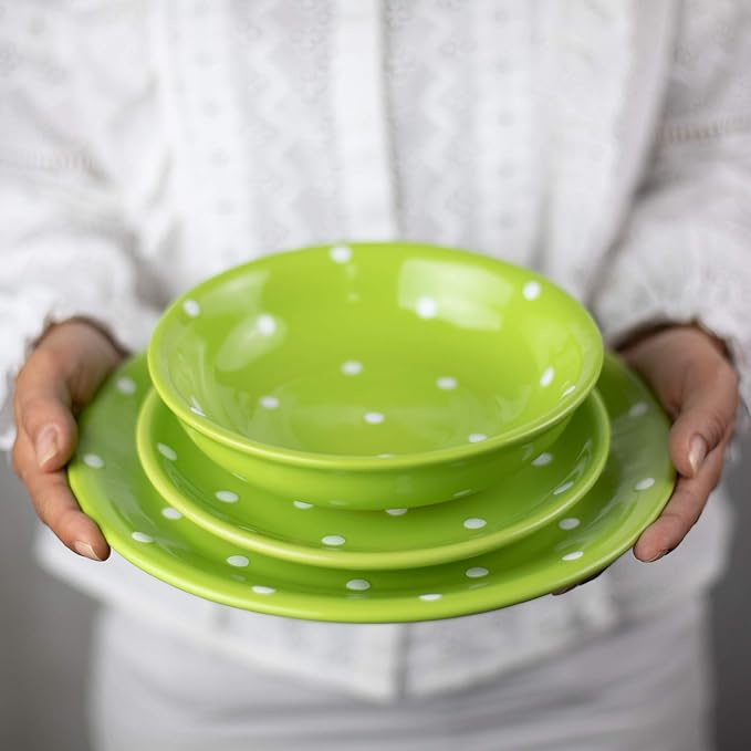 Handmade Lime Green and White Polka Dot Ceramic 12 piece Dinnerware Set | Pottery Tableware Service for 4 | Dinner Plates | Side Plates | Bowls | Housewarming Gift by City to Cottage®