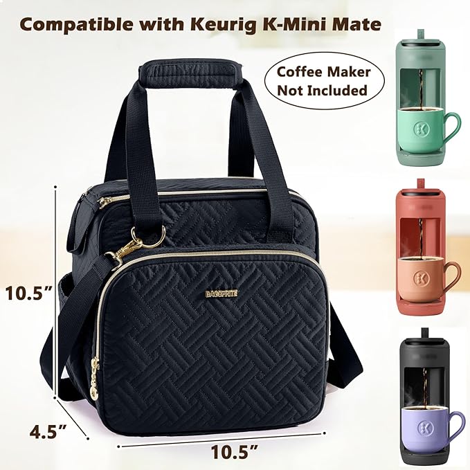 BAGSPRITE Coffee Maker Travel Bag Compatible with Keurig K-Mini Mate Full Open Carrying Case with Quilted Padded Soft Microfiber K--Cup Single Serve Coffee Maker Bag with Pod Organizer Mug Pockets