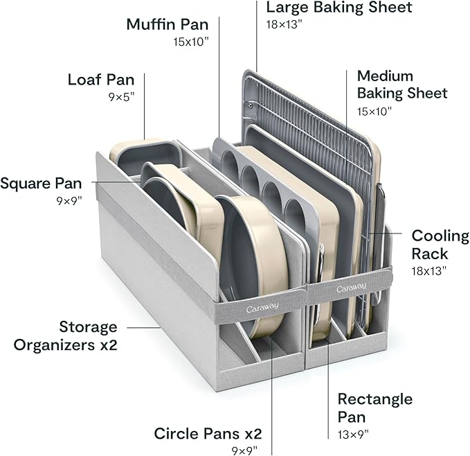 Caraway 23-Piece Nonstick Ceramic Cookware &amp Bakeware Set – Pots Frying Pans Lids Baking Sheets Pans Cooling Rack &amp Storage – Oven Safe Non-Toxic – Compatible with All Stovetops - Cream