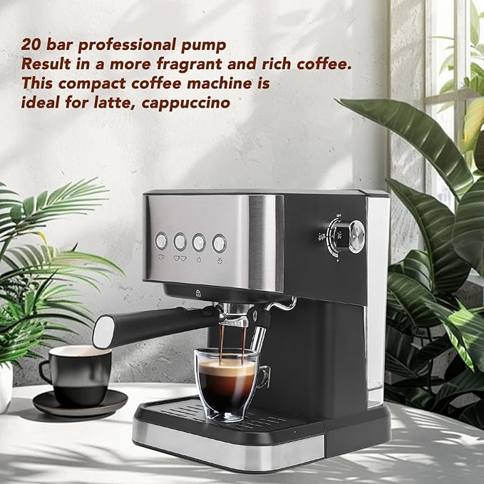 Zerodis Semi Automatic Compact Coffee Maker20Bar Compact Coffee Machine with Milk Frother Steam Wand Rich Flavor Coffee Machine with 1.5L Water Tank for Cappuccino Latte (US Plug 110V)