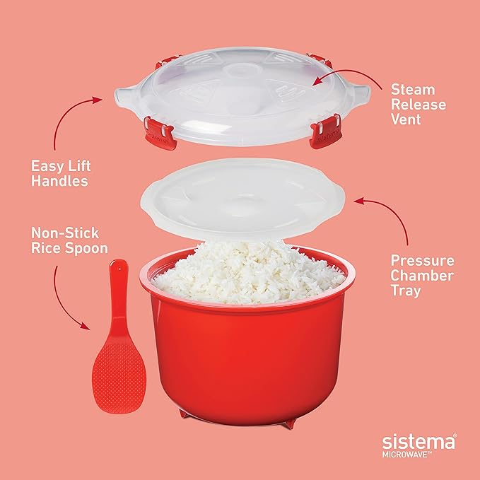 Sistema Microwave Rice Cooker and Steamer Bowl for Vegetables with Steam Release Vent Dishwasher Safe Red &amp Microwave Food Storage Containers with Steam Release Vent Dishwasher Safe Red
