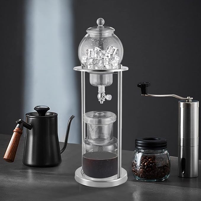 Glass Iced Coffee Cold Brew Drip Tower Coffee Filter Drip Tower 600ml/20.29oz Coffee Maker With Slow Drip Technology and with Glass Container Stand Makes 6-8 Cups (Silver)