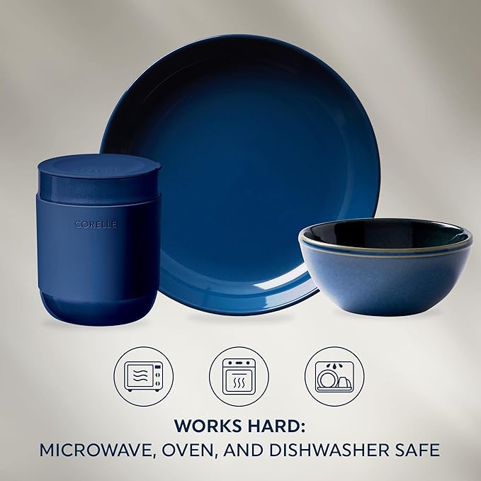 Corelle Stoneware Dinnerware Set Handmade Reactive &amp Solid Glazed Ceramic Plates and Bowls Modern Rustic Style Round Dishes Service for 4 Navy 16 PIECE SET