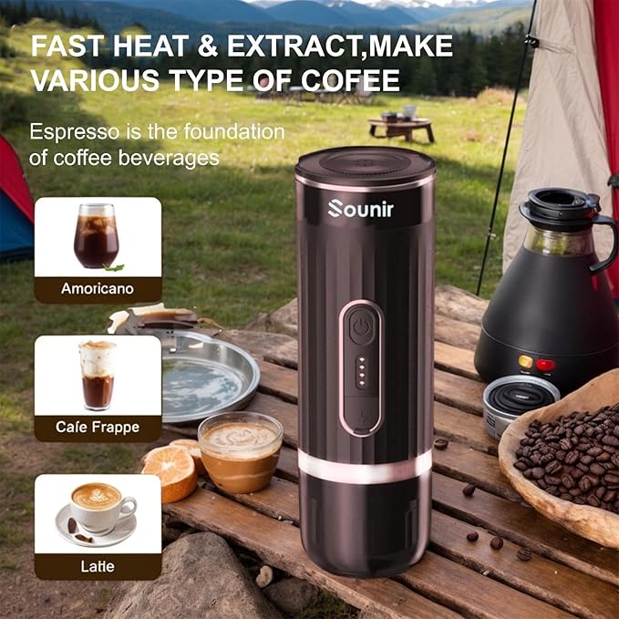 Portable Espresso Machine &amp Coffee Maker for Camping Travel Office - Self-Heating USB-C Charger Compatible NS Capsule &amp Ground Coffee (Coffee Brown)
