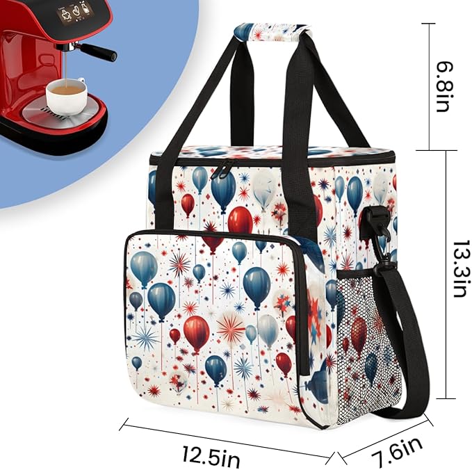 4th of JulyBalloons Coffee Maker Carrying Bag Portable Travel Storage Tote Bag Compatible with K-Mini or K-Mini Plus Single Serve Coffee Brewer Carrying Case with Multiple Pockets &amp Shoulder St
