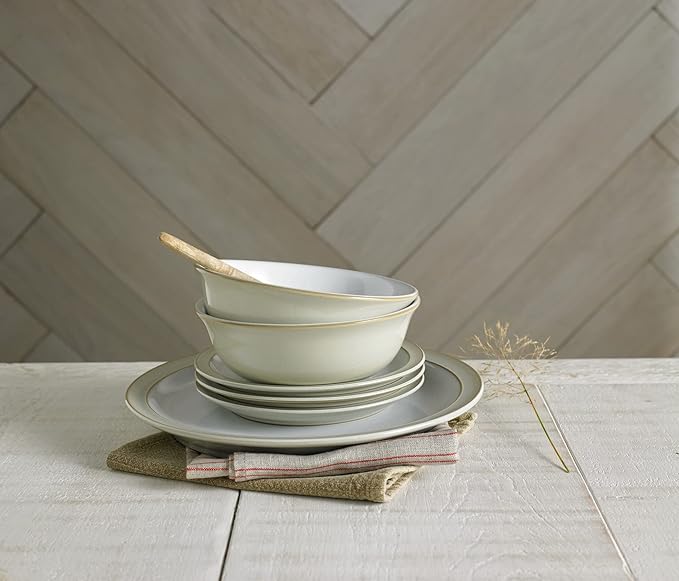 Denby - Linen Cream White Dinner Set for 4-12 Piece Ceramic Stoneware Tableware Plate &amp Bowl Set - Dishwasher Microwave Safe Crockery - Includes 4 x Dinner Plates Small Plates Cereal Bowls
