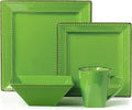 Stylish and Elegant 16 Piece Square Beaded Stoneware Dinnerware set Service for Hosting Parties and Events - Green 16 Piece Square Beaded