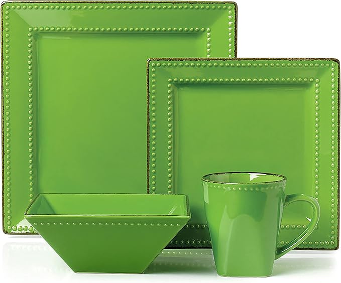 Stylish and Elegant 16 Piece Square Beaded Stoneware Dinnerware set Service for Hosting Parties and Events - Green 16 Piece Square Beaded