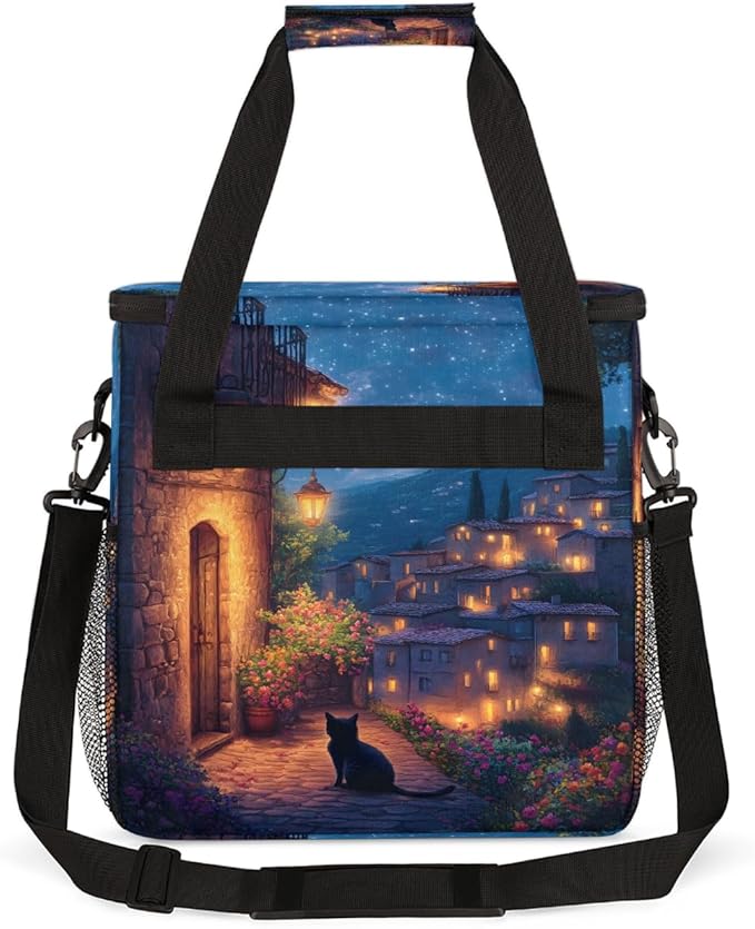 Light Night Scene Cat Coffee Maker Carring Bag Travel Carrying Storage Tote Bag Compatible with Keurig K-Mini or K-Mini Plus Portable Single Serve Coffee Brewer Case with Pockets for K-cup Pods