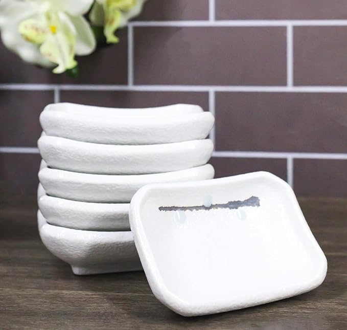 Ebros Gift Modern Yukino Hana Snow Flowers Ceramic Dinnerware Serveware Kitchenware Set Oriental Asian Restaurant Supply (Pack Of 6 Rectangle Condiment Sauce Dishes 2oz)