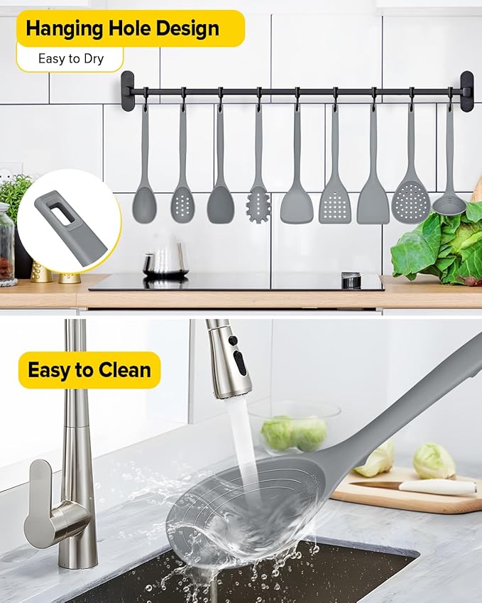 Silicone Cooking Utensils Set 9 Pcs Heat Resistant Kitchen Utensils with Back Hooks BPA Free Kitchen Tools with Spatulas Spoons Skimmer and Pasta Fork for Non Stick Cookware (GRAY)