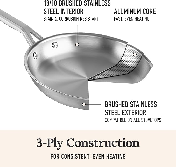 Calphalon Brushed 3-Ply Stainless Steel Cookware w/Turbo Heat Tech 10 Fry Pan Induction Oven Safe 450F Brushed Stainless Silver