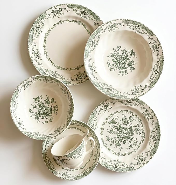 Vintage Floral Porcelain Dinnerware Set for 4 20-Piece Country Cottage Style Plates &amp Cup Saucers Set Hand-Painted Green Botanicals Wavy Edge Dishwasher Microwave Safe